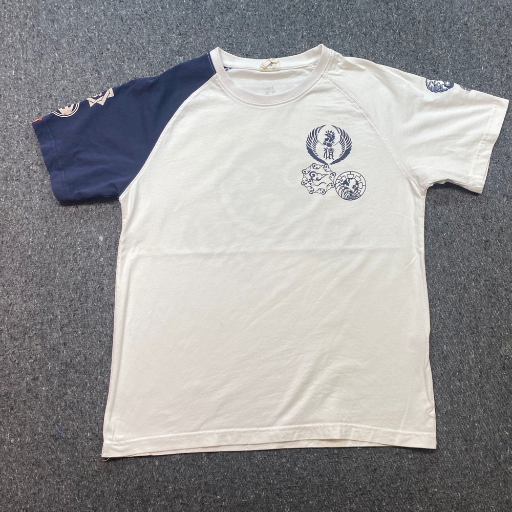 Goku Honpo Japanese Graphic TShirt Sz XL Mens Cream Navy Raglan Streetwear Kanji